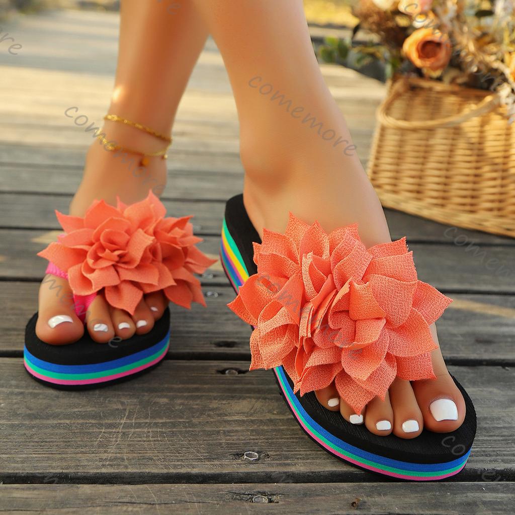 Fashion Comemore Flower Decor Wedge Flip Flops Women 2025 Summer Rainbow Thick Bottom Beach Slippers Woman Light Platform Slides Sandals