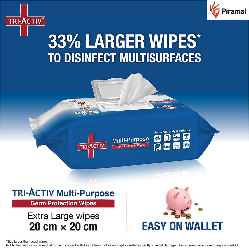 Tri-Activ Disinfecting and Sanitizing Multipurpose Germ Protection Wipes Wipes Pack of 2 | 80 Extra Large Germ Protection Wipes