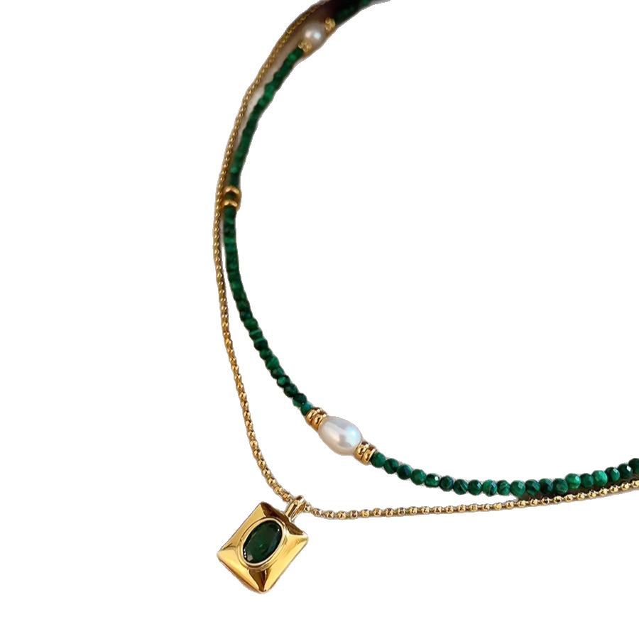 High Quality French Niche Turquoise Beaded Emerald Natural Freshwater Necklace Double Stacked Temperament Women