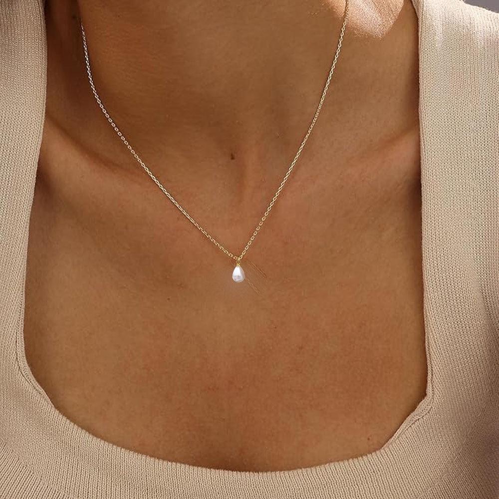 Elegant Faux Pearl Water Drop Titanium Steel Choker Necklace for Women