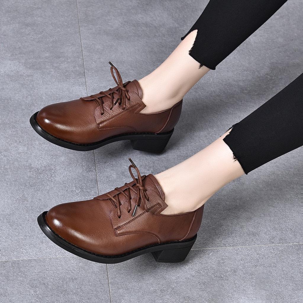 Small leather shoes women's autumn new first-layer cowhide lace-up polished retro flat-soled single shoes four-season shoes