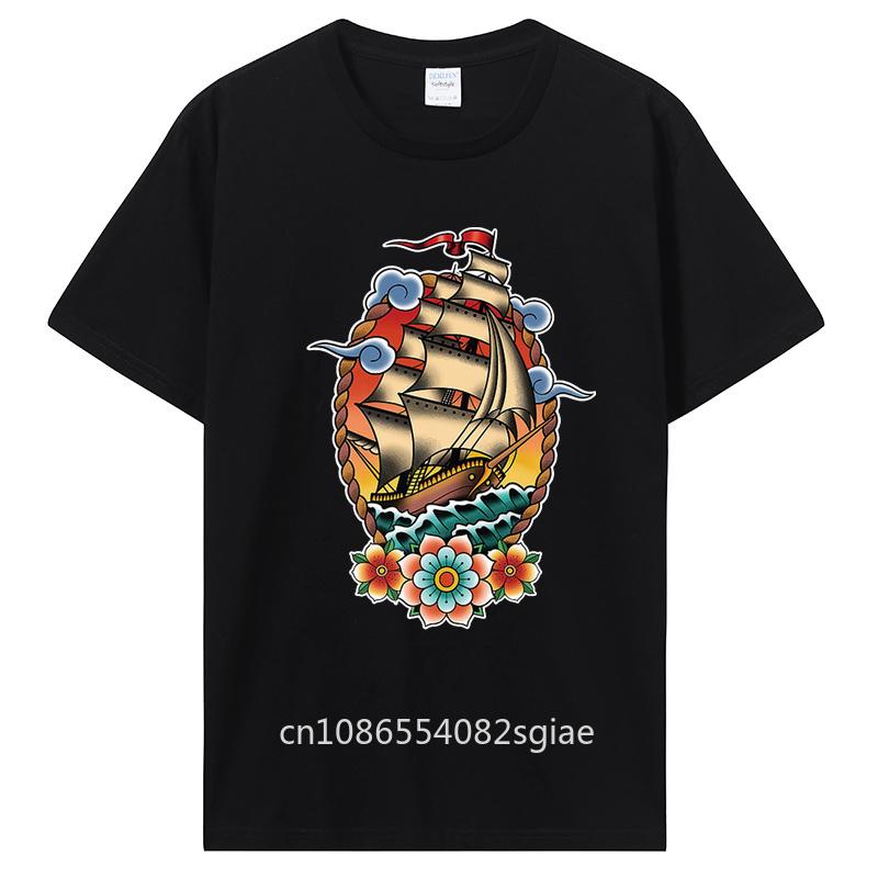 Old School American Traditional Tattoo Flash Clipper Ship T-Shirt Men Cotton Tshirt Tees Tops Anime Harajuku Streetwear
