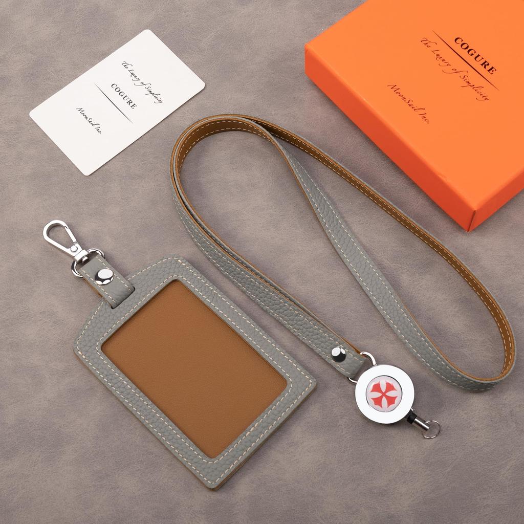 [COGURE] Cogure ID Card Case, ID Card Holder, Leather, Vertical, Pass Case, Name Tag, Neck Strap, Commuter Pass Case, Leather, with Retractable Reel,