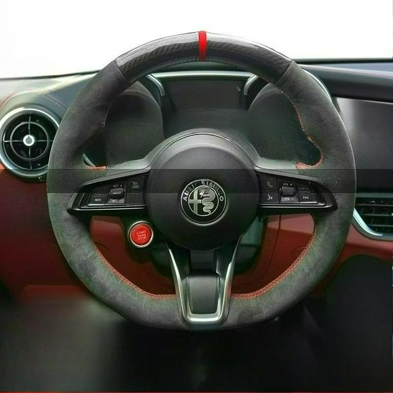 Hand Stitched Renovation Non-slip Wear-resistant Black Leather For Alfa Romeo Stelvio Giulia 2020-2022 Car Steering Wheel Cover