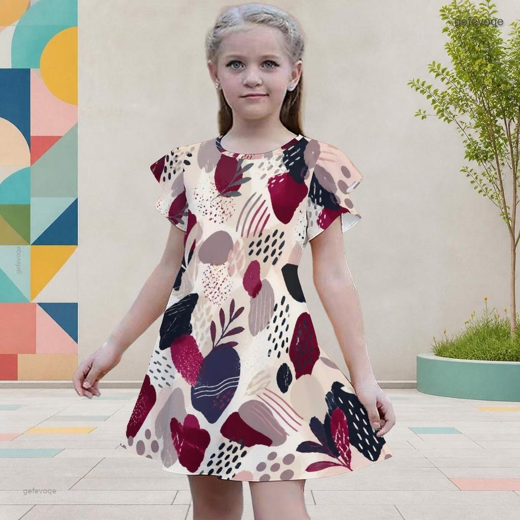 Girls Round Neck Flutter Sleeve A Line Flared Hem Printed Dress