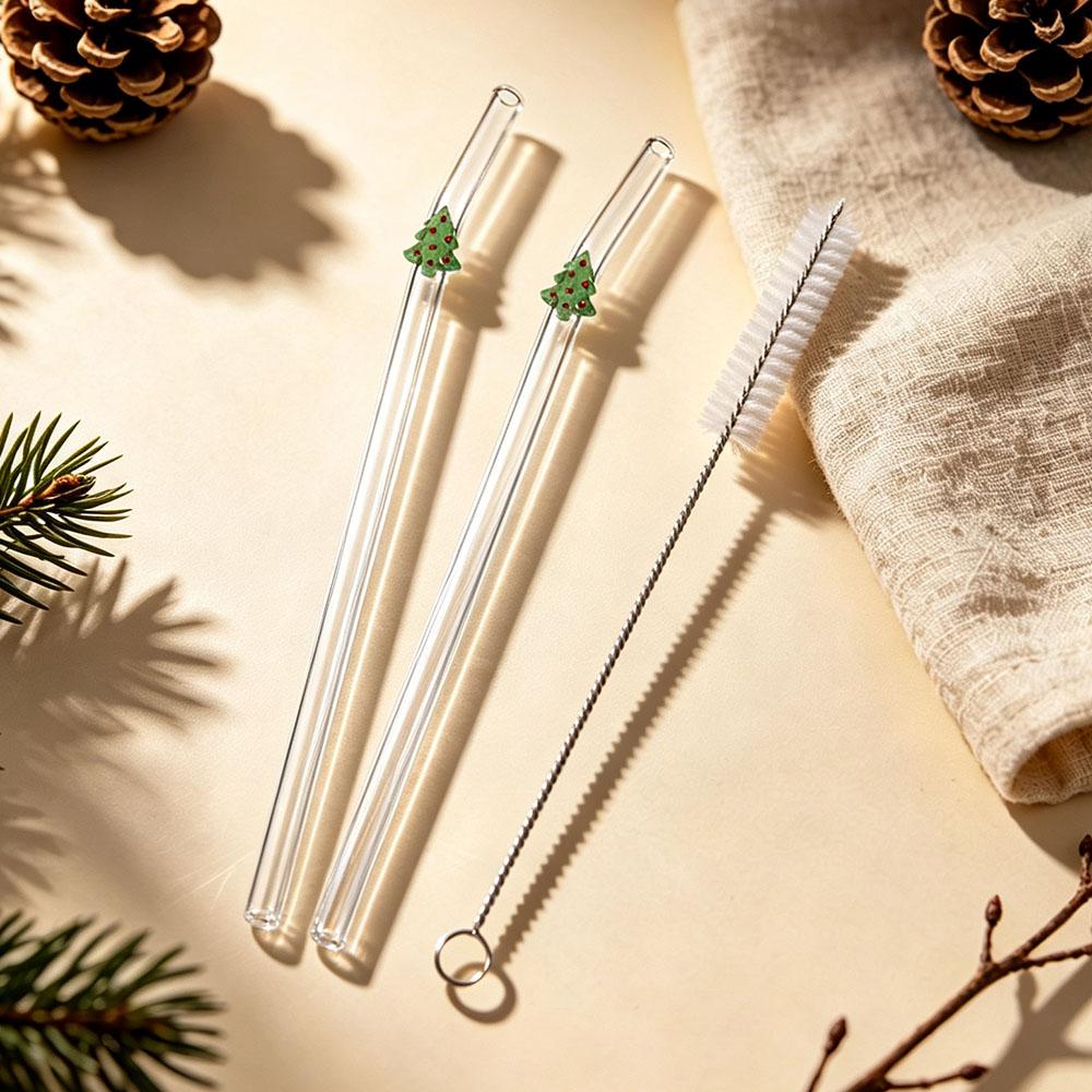 2Pcs Christmas Reusable High Borosilicate Glass Drinking Straws Set Set with 1Pc Brush Milk Shake Coffee Cocktail Straw Bar