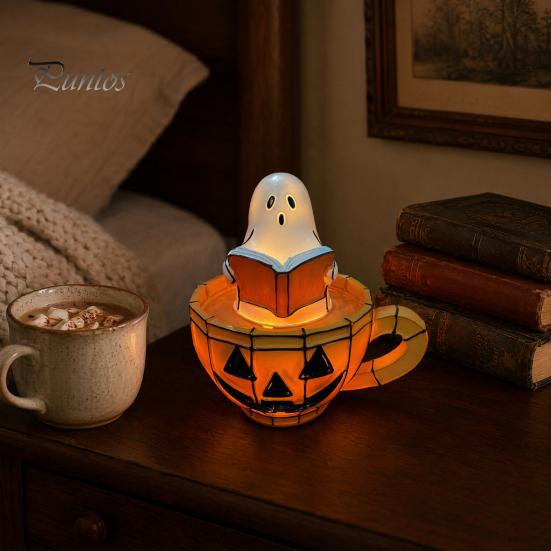 Halloween Bedside Light Ghost Reading Book Lamp, Stained Glass Style Night Light, Resin Spooky Pumpkin Mug Lamp for Bedroom, Living Room, Party,