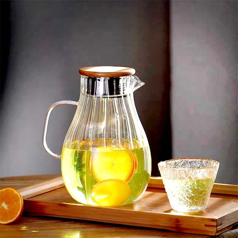 Large-capacity Glass Vertical Stripes Cold Kettle Lemon Beverage Juice Drink Bottle High Temperature Resistance Home Tea Pot