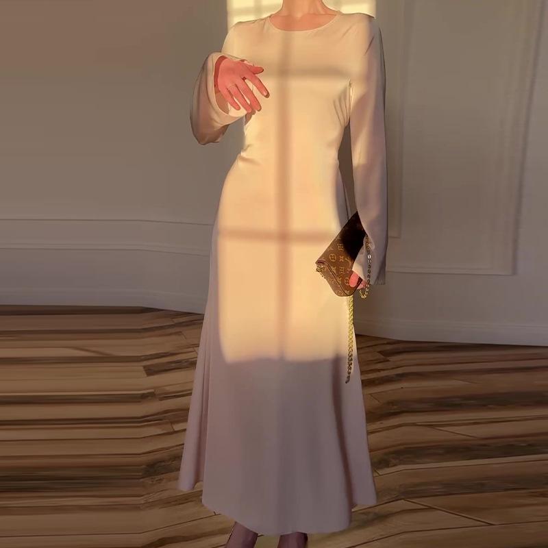 Women's White Tie-Up Long Sleeve Dress - Autumn/Winter, Elegant Chinese Style, Casual with Waist-Cinching Fit