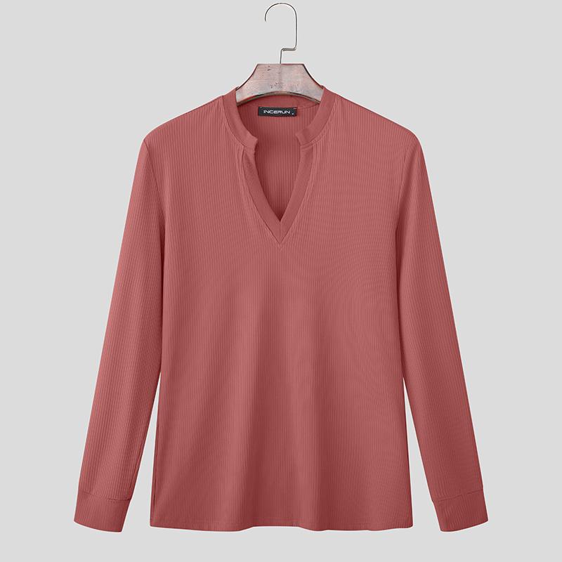 

INCERUN Осень Весна Мужские однотонные топы пуловеры с длинным рукавом, в рубчик, свободного кроя XL розовый