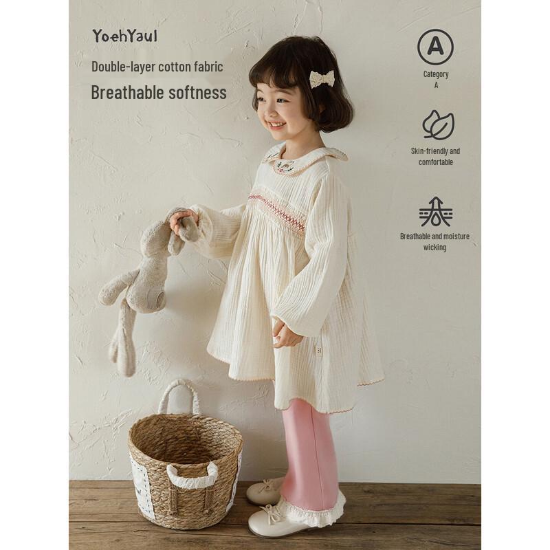 YouYou Girls' 2026 Spring Pure Cotton Forest Style Lapel Dress