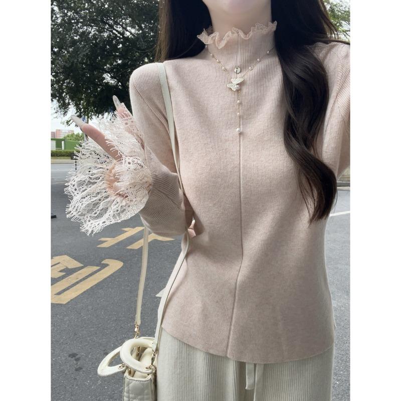 High-end elegant semi-turtleneck knitted sweater women's lace splicing top autumn and winter new flared sleeve inner bottoming shirt
