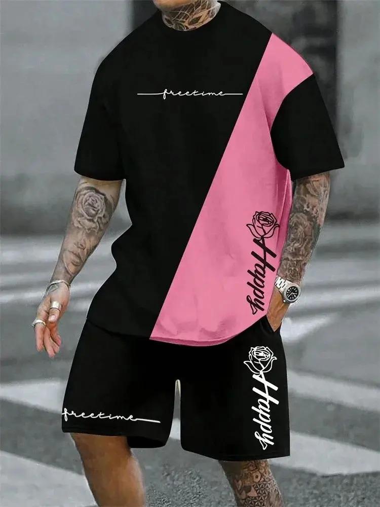 Men s Breathable Freedom Print Two-Piece Set Summer Casual Sports Suit for Outdoor Activities/City Walk S розовый