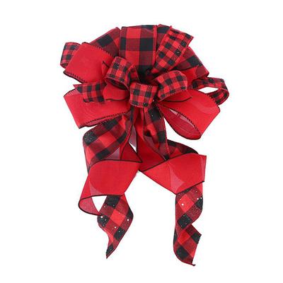 Tree Topper Bow Red Black Plaid Cloth Tree Top Bow Tie Decoration for DIY Christmas Wreath