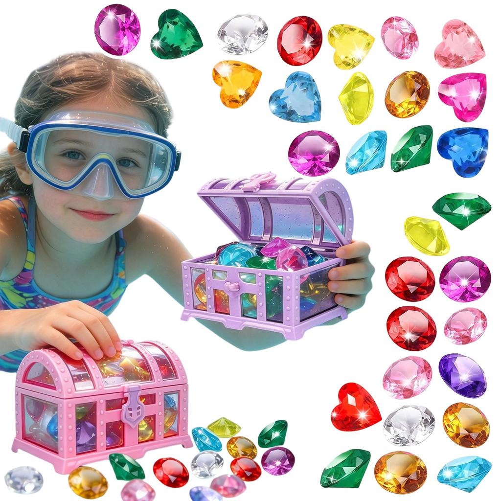 Children's Water Play Treasure Chest Toy Set with Assorted Gem Shapes for Summer Pool Diving Games Suitable for Outdoor and Indoor Use
