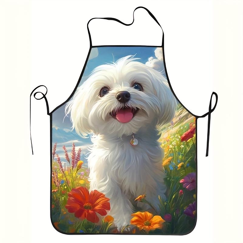White 1pc Cute Maltese Dog Apron with Maltese Puppy Print - Durable Easy-Clean Apron Suitable for Home Cooking, Restaurants, Foo