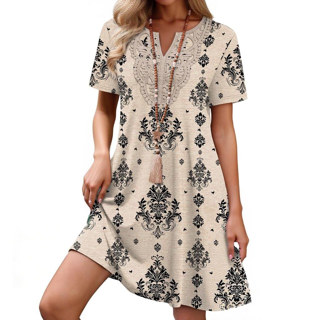 Damenkleid mit kurzen Ärmeln, lockerem Schnitt, knielang, mit geometrischem Print und besticktem Ausschnitt für den lässigen Alltagsgebrauch