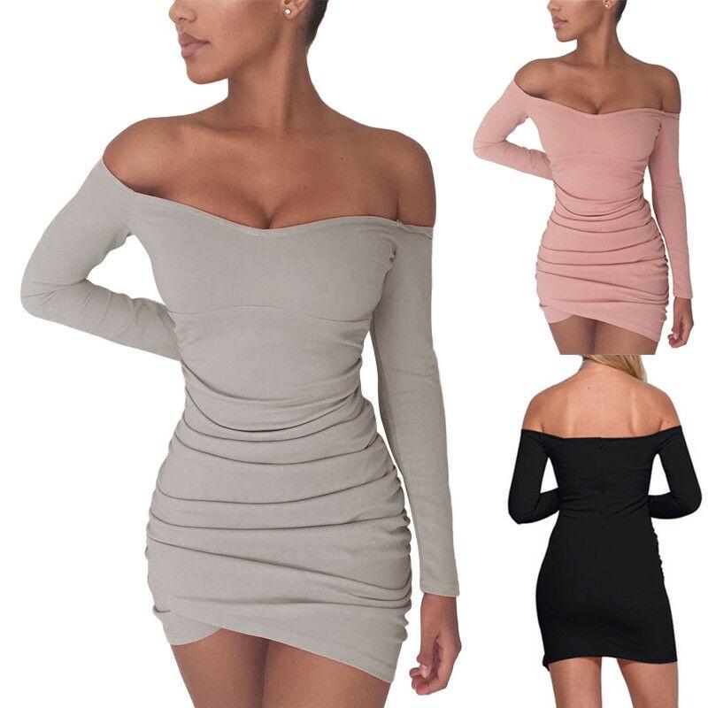 Elegant Women Long Sleeve Off Shoulder Evening Cocktail Party Club Bodycon Mini Dress Us