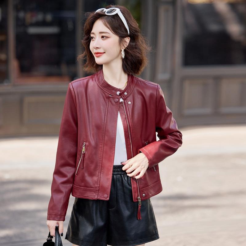 Leather Jacket Women's Spring and Autumn Small Fashion Casual Stand-up Collar Locomotive Style Short Leather Jacket
