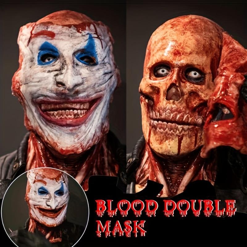 Realistic Blood Double Layer Skull Mask - Full Face Horror Latex Headgear with Movable Mouth for Halloween Cosplay Party Costume