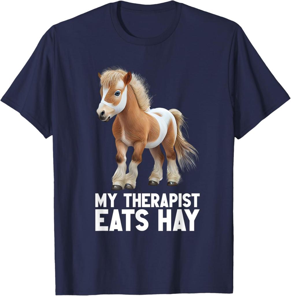 My Therapist Eats Hay Funny Cute Miniature Pony Horse Graphic T-Shirt Casual Short Sleeve Tee