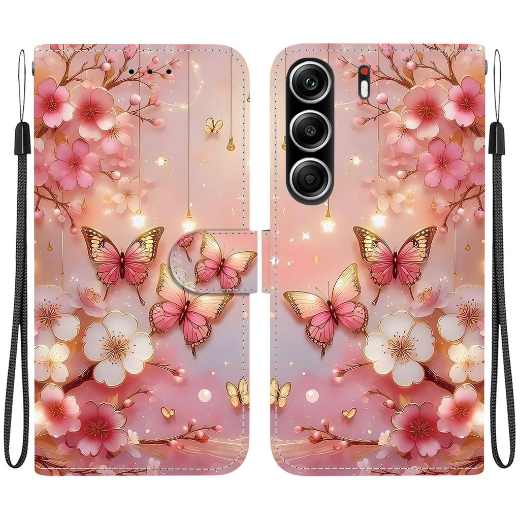 Handmade PU Leather Flip Case for Tecno Camon 40 Pro (4G/5G) Anti-Slip Shockproof Cover with Wrist Strap & Heart/Rose Cat Designs
