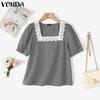 VONDA Summer Women Square Collar Plaid Lace Hem Patchwork Puff Sleeve T-shirts