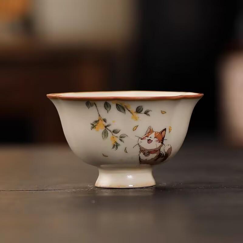 Beige Ru Kiln Teacup Cute Cute Cat Teacup Master Cup Girls Personal Tea Cup Tea Bowl Ceramic Tea Cup
