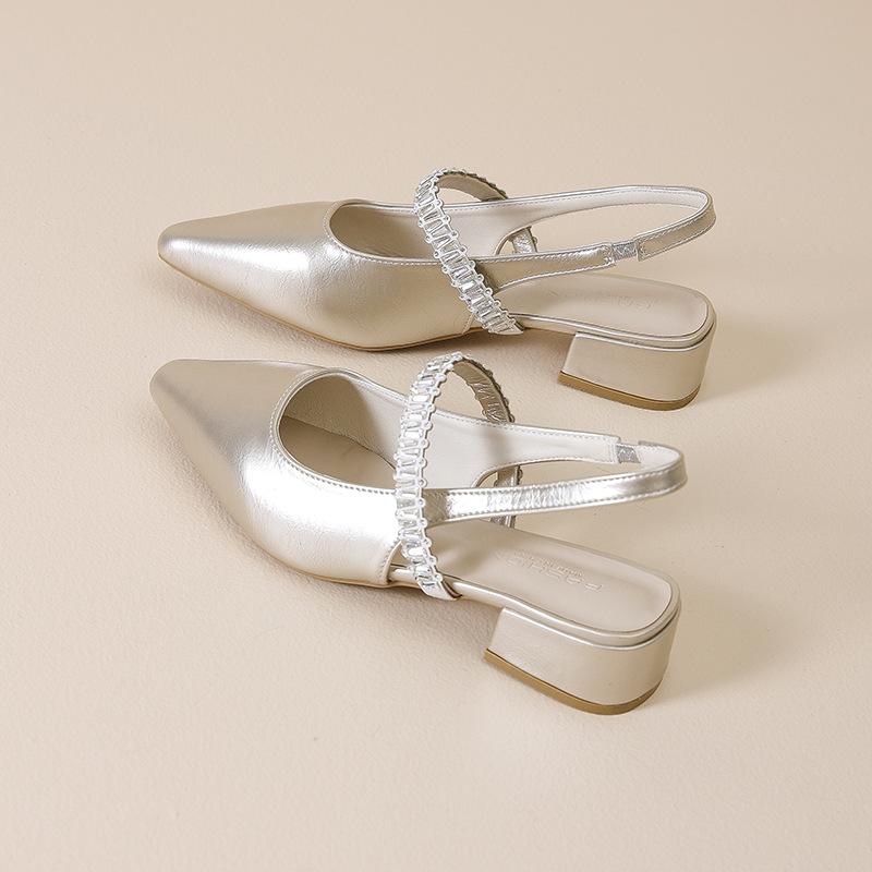 Pointed Thick Heel Fashion Single Shoes Women's Bag Head Sandals 2025 New Rear Air Shallow Mouth Middle Heel Mary Jane Shoes Women's Shoes