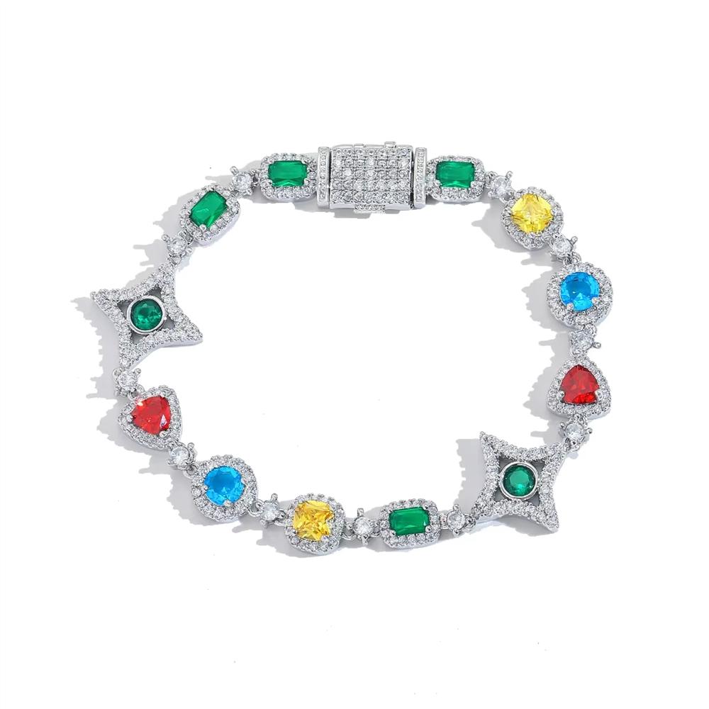 Hip Hop Jewelry Bling CZ Iced Out Geometric Bracelet Star Shape Rainbow Zircon Bracelet for Women and Me