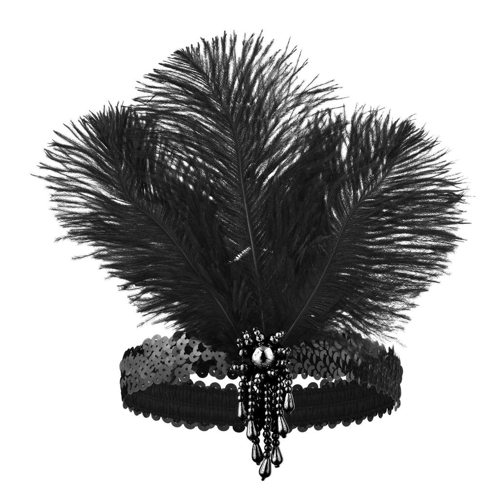 Women's Black Hair Accessories Beaded Sequin Hair Band 1920s Retro Gatsby Single Party Ladies Headwear Dress UP Feather Headband