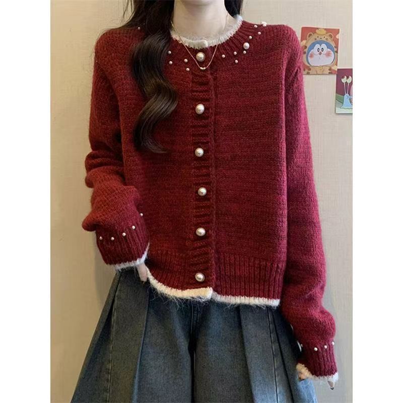 Short sweater jacket women's spring and autumn knitted cardigan button design color matching apricot top new love