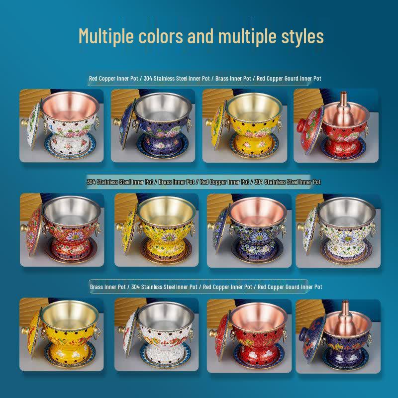 Cloisonné Single Person Copper Hot Pot with Alcohol Stove