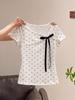 Pure cotton, Korean polka dot bow diagonal neck short-sleeved T-shirt women's summer slim-fitting and thin short Spice Girl top