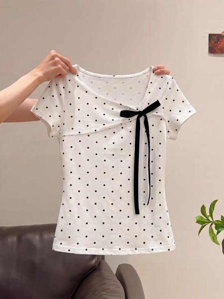Pure cotton, Korean polka dot bow diagonal neck short-sleeved T-shirt women's summer slim-fitting and thin short Spice Girl top