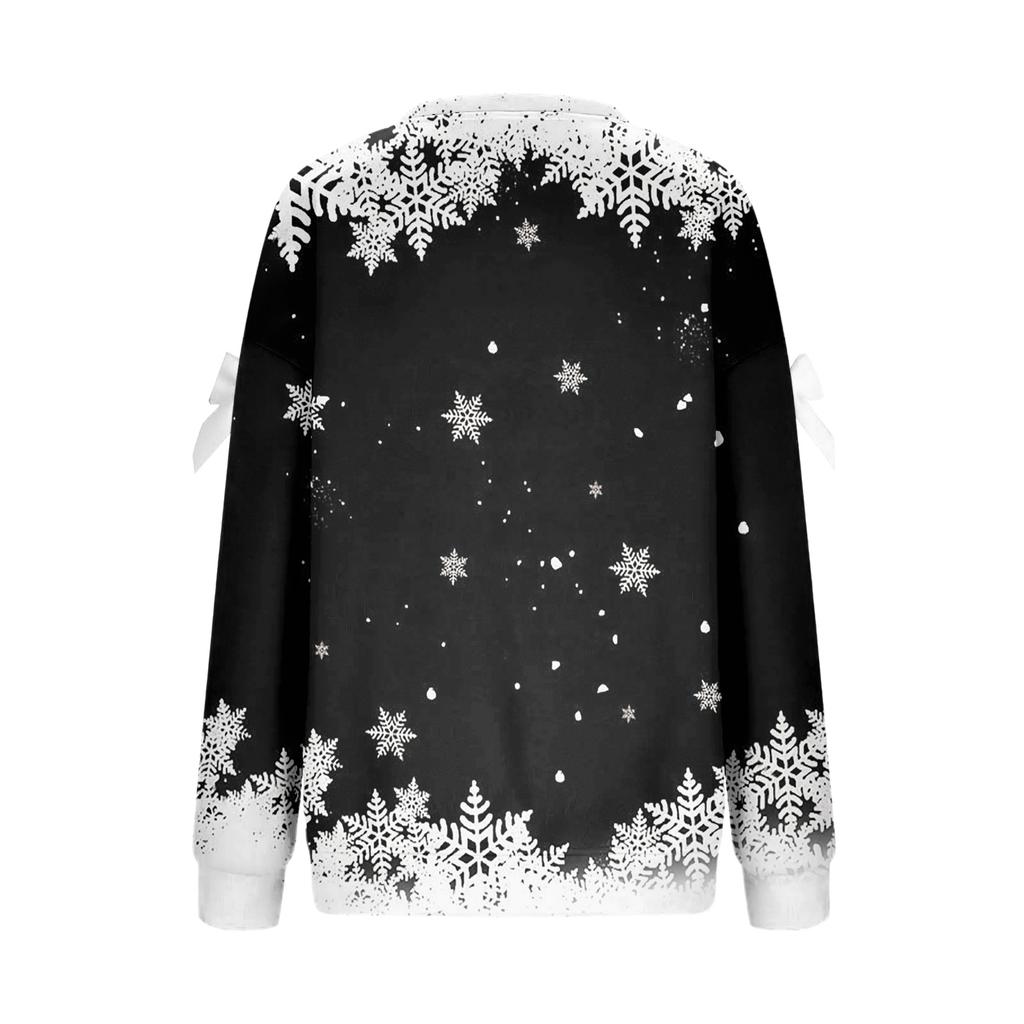 Ladies' Christmas Printed Bow Round Neck Long Sleeved Loose Pullover Sweater Sweatshirt Top