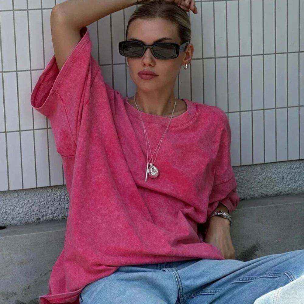 100% Baumwolle Retro T-Shirt Damen Vintage Kurzarm Wachsdruck T-Shirts Herren Einfarbig Hip Hop Lockeres T-Shirt