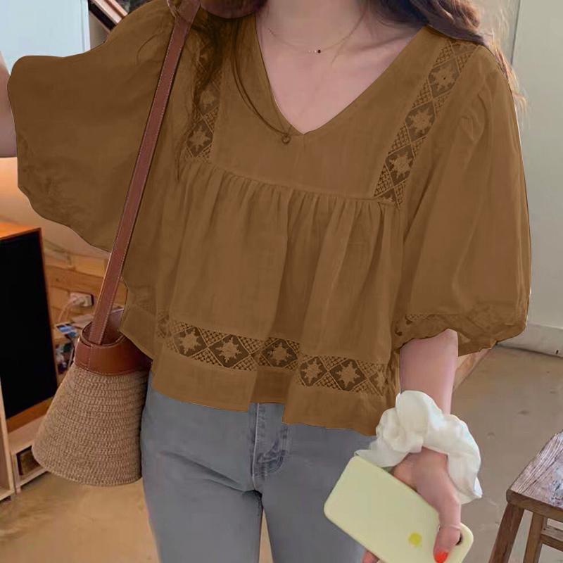 

VONDA женские повседневные свободные блузки с v-образным вырезом и короткими рукавами, кружевные сращивания S