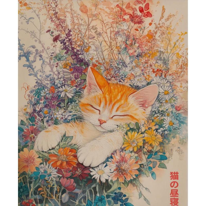 Japanische Florale Katze Nickerchen Vintage Botanische Poster und Drucke Leinwanddruck Wandkunst Bild für Wohnzimmer Heimdekoration