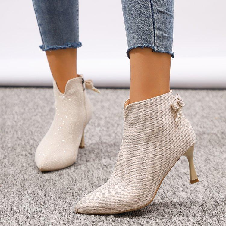 Fashion Plus Size Women's Short Boots 2025 Autumn and Winter Bow Sequined High-heeled Cotton Booties Pointed Stiletto Fashion Boots.