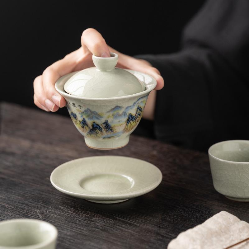 High-grade Gemstone Yellow Ru Kiln Cover Bowl Sancai Tea Bowl Qianli Jiangshan Hand-painted Kung Fu Tea Set Household Handmade Single