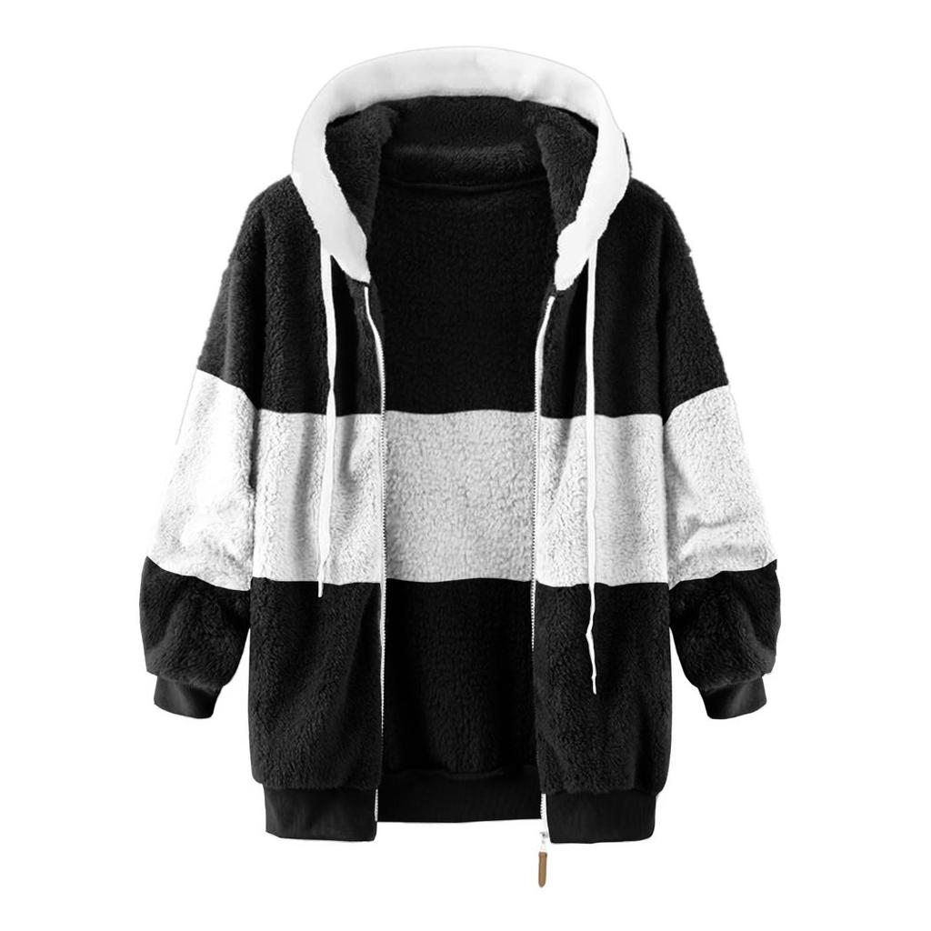 Dámská volná velká plyšová vícebarevná bunda na zip s kapucí