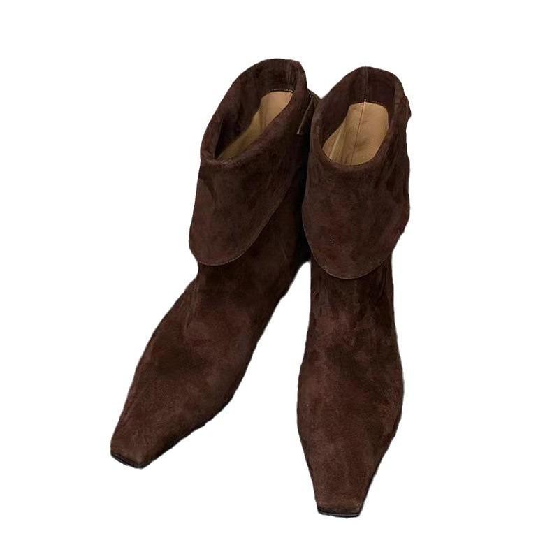 Sheepskin Edition~ Niche Chelsea Boots Skinny Boots Women's Short Boots Autumn and Winter Flat Bottom Square Head Western Cowboy Boots