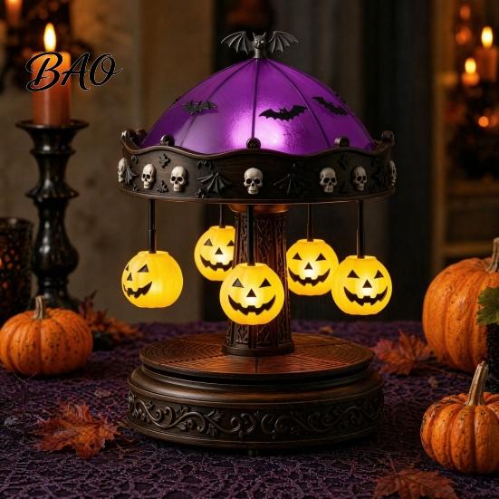 Halloween Tabletop Decor Ghost Carousel Light, Night Gothic Stained Glass Shade Vintage Resin with Floating Ghosts/Pumpkins, Spooky Table Lamp