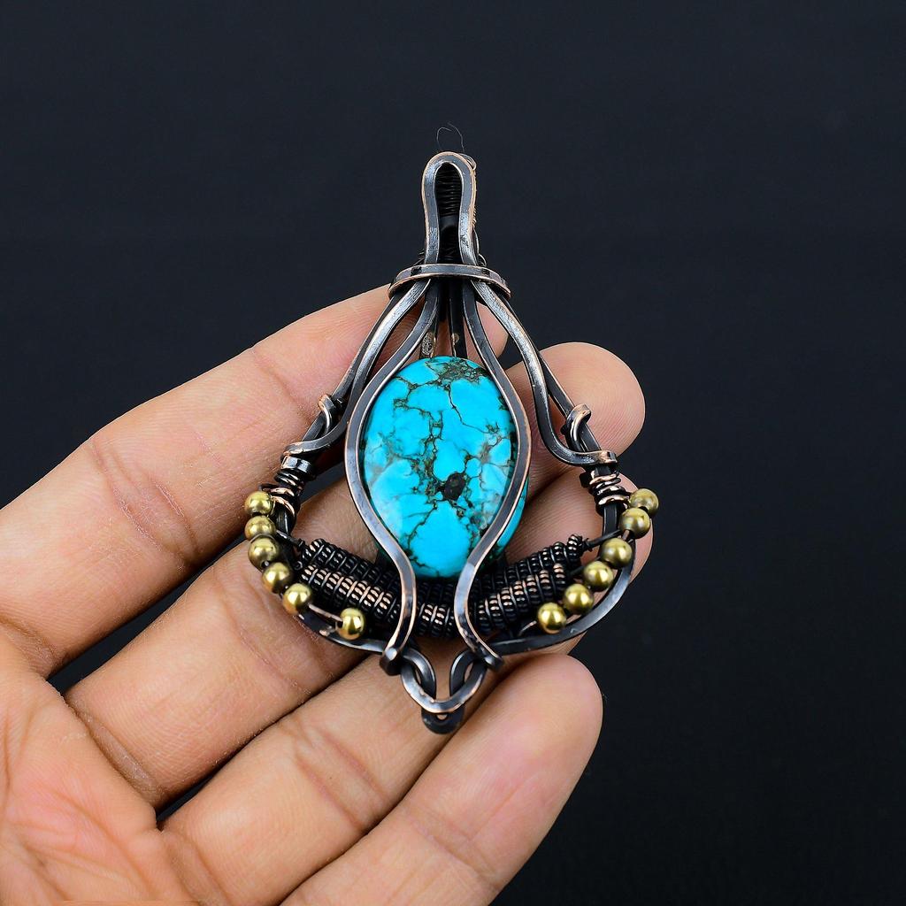 Tibetan Turquoise Gemstone Pure Copper Wire Wrapped Designer Handmade Pendant Jewelry For Her