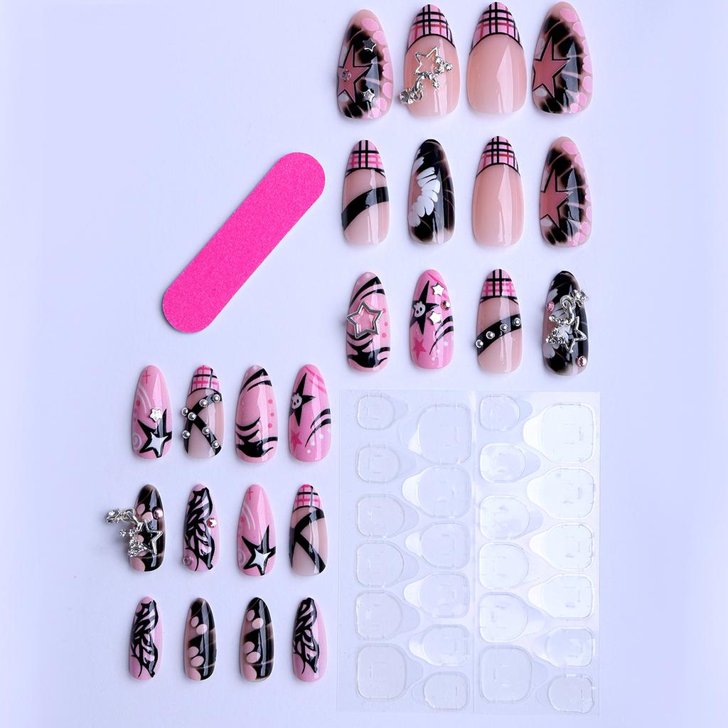 24Pcs Pink Glossy Almond French Press On Nails Y2K Metal Star Charm Sweet Cool Fake Nails