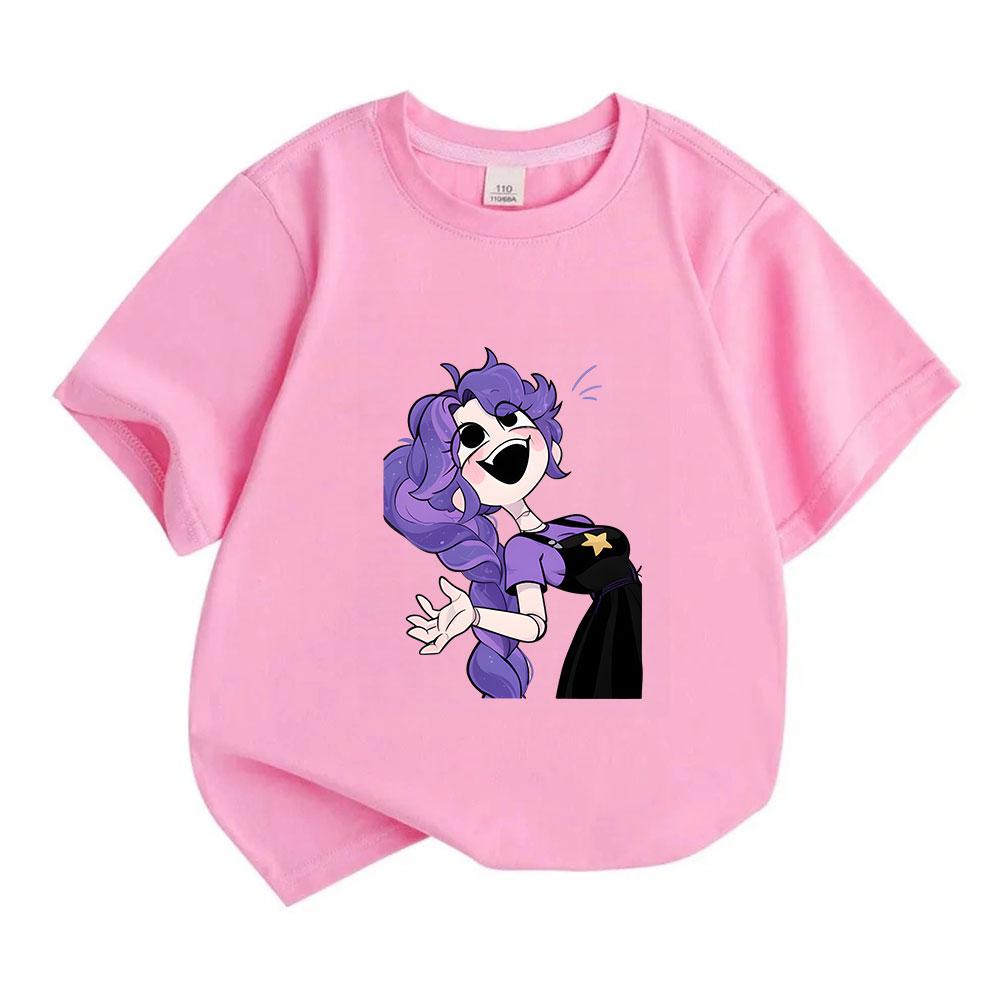 Kids Boys Girls 100% Cotton Short Sleeve Crew Neck T-Shirt, Cute Cartoon Purple Hair Robot Character Print Casual Soft Breathable Summer Tee for Child