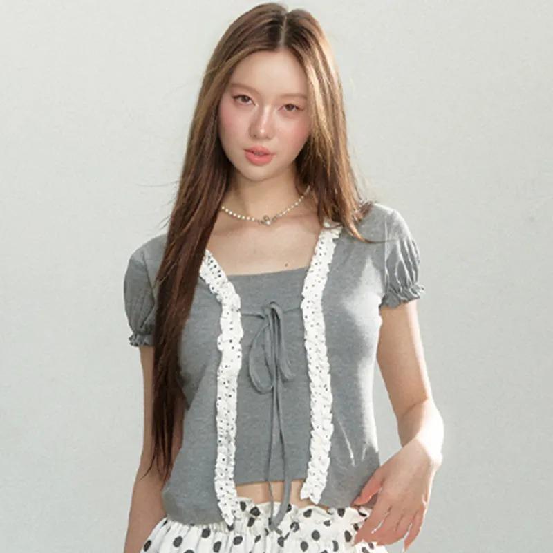 

Women s Lace Trim Tie Front Crop Top Puff Sleeve Casual Blouse Versatile Design Top Pullover S сірий колір