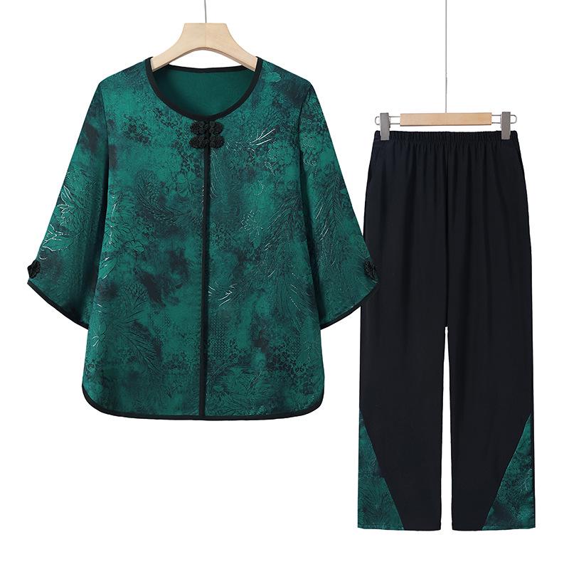 Grandma's Plus Size Summer Outfit: Loose Seven-Sleeve Pullover & Nine-Point Pants Set