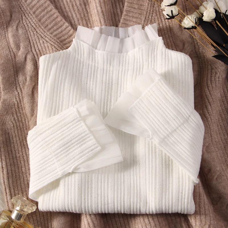 

Women s Elegant Lace High-Neck Top, Flare Sleeve, Mesh Base Layer, Ideal for Spring/Autumn Fashion. Extra Large белый